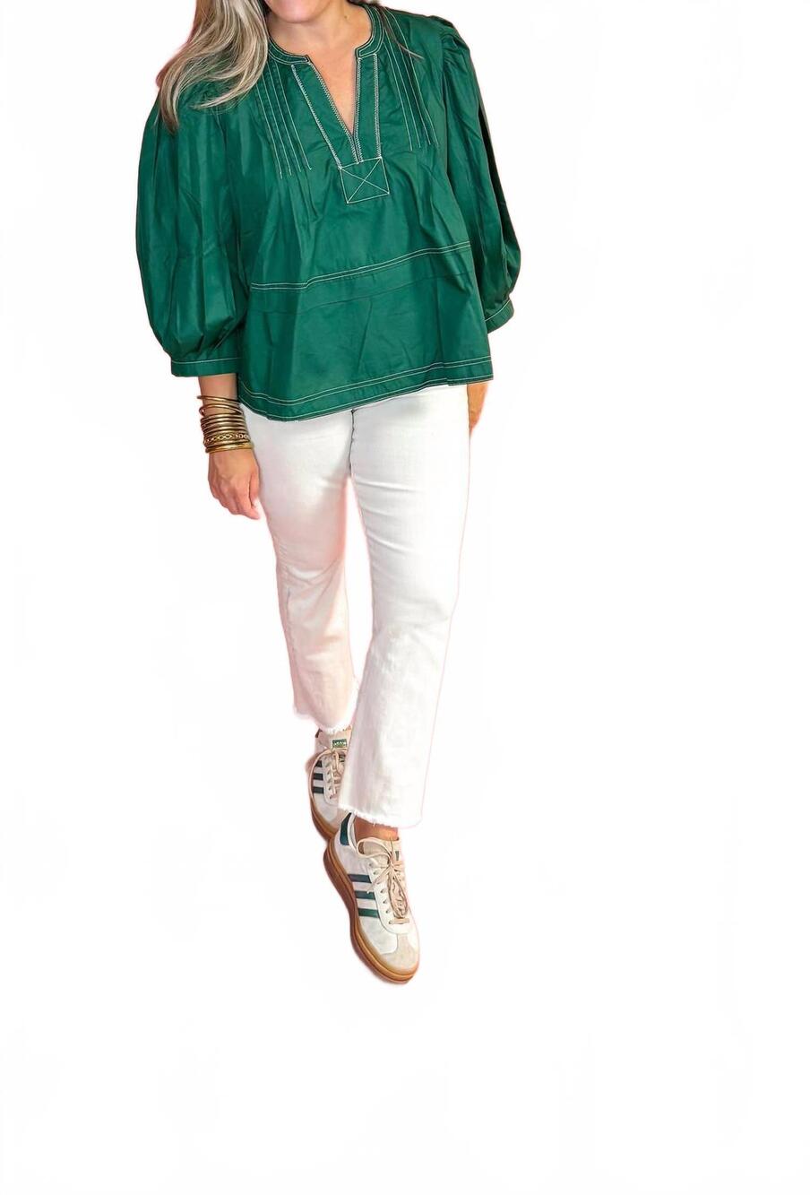 NEW STYLE USA women's v neck pleated top in green